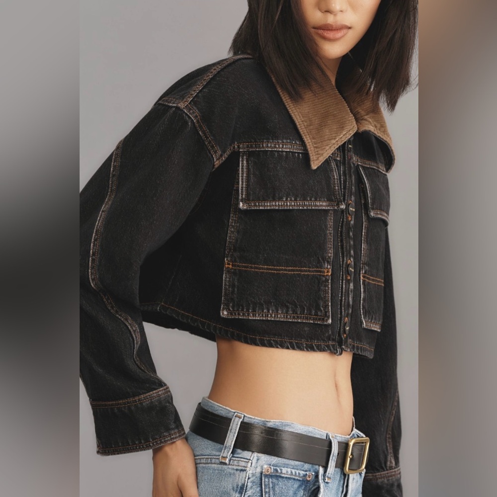 Anthropologie Cropped Denim Jacket Black Size Large